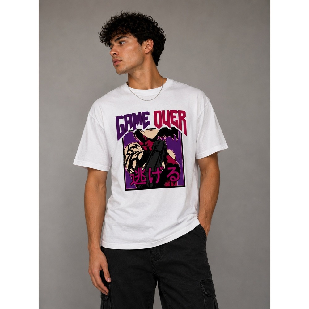 Fashion Nova Mens Anime Graphic T Shirt XL White Game Over Streetwear Y2K Tee